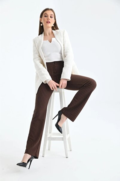 HARMONY GLOBAL Υψηλής ποιότητας ύφασμα κρεπ Lycra Palazzo ριγέ παντελόνι καφέ