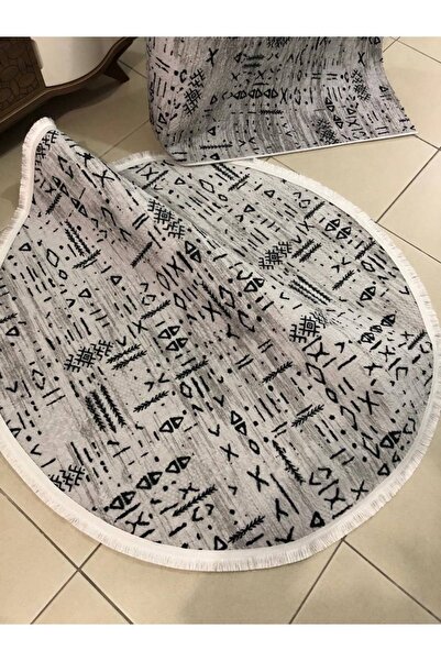 MBA Gray Round Fringed Scandinavian Pattern - Washable Non-Slip Black Base
