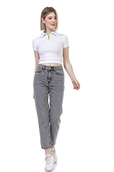 Trn JNS Medusa High Waist Gray Snow Mom Denim Pants Lycra Colorfast Gray Extra Comfortable Mom Jean