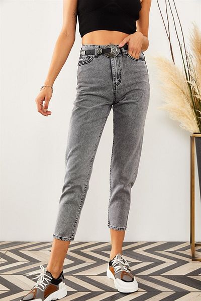 Trn JNS Spanish High Waist Gray Snow Mom Denim Pants Lycra Colorfast Smoked Extra Comfortable Mom Jeans