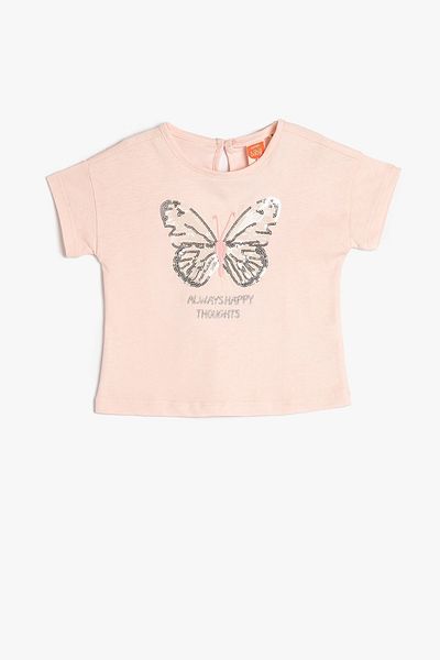 Koton Baby Girl Butterfly Sequin Embroidered Short Sleeve Crew Neck T-Shirt 3smg10043ak