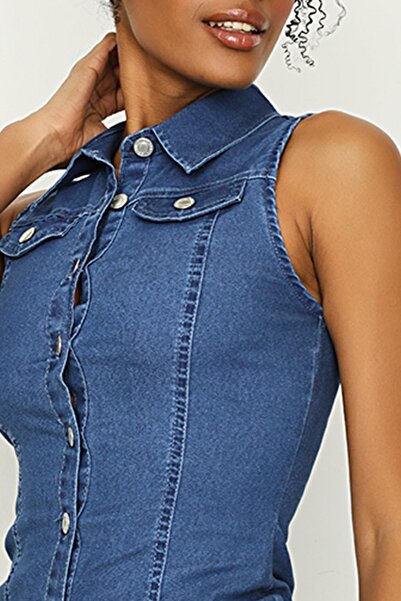 Select Moda Γυναικείο τζιν φόρεμα με κουμπιά σε σκούρο μπλε μπροστά