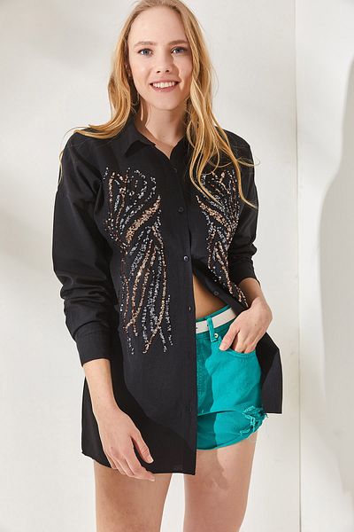 Olalook Dámské černé triko s flitry s detailním oversize oversize GML-19001106