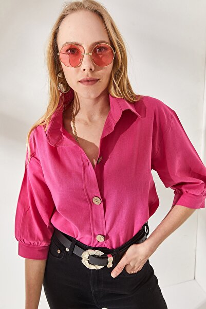Olalook Kadın Flamlı Fuşya Ahşap Düğmeli Truvakar Kol Keten Gömlek GML-19001095