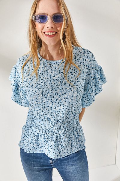 Olalook Babyblaue Fledermausbluse für Damen mit Blumenmuster, elastischem Bund und Rüschenärmeln BLZ-19002201