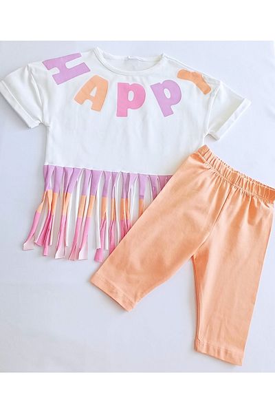 Tuffy Çaren Kids Girl's Summer Fringed 2-Piece Set-skirt with Fringe, Printed T-shirt and Leggings 2-Piece Set