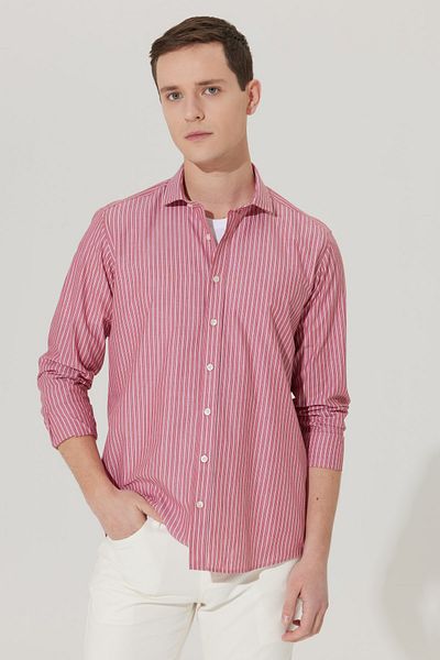AC&Co / Altınyıldız Classics Pánská vínovo-bílá Slim Fit Slim Fit Slim Fit Italský límec 100% bavlna pruhovaná košile