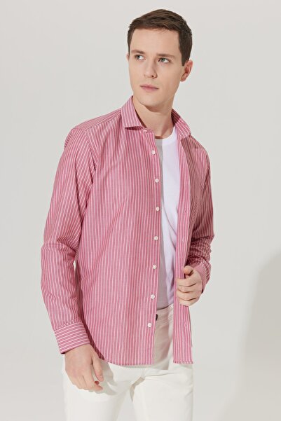 AC&Co / Altınyıldız Classics Ανδρικό πουκάμισο σε λευκό μπορντό Slim Fit Slim Fit Μικρό ιταλικό γιακά 100% βαμβακερό ριγέ πουκάμισο