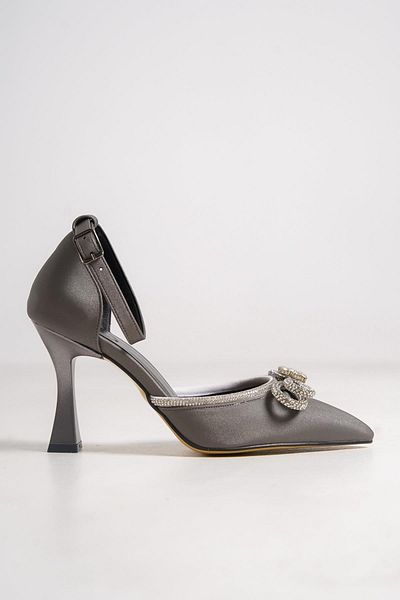 Modabuymus Darley Platinum Satin Bow Stoned Stiletto Goblet Heeled Evening Dress Shoes