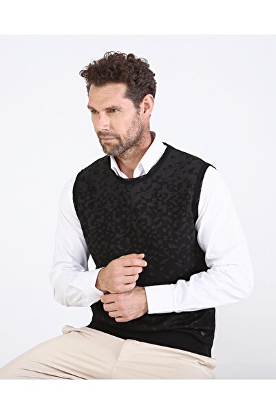 Çizgi Triko Men's Crew Neck Black Knitwear Sweater Patterned Colorful Winter Steel Knit Classic Fit