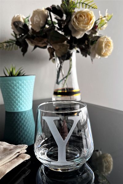 DECOSTYLE Y Letter Laser Cut Non-Removable Glass Cup-Candle Holder-Pen Holder-Suitable for Use as a Mini Vase 1 Pc
