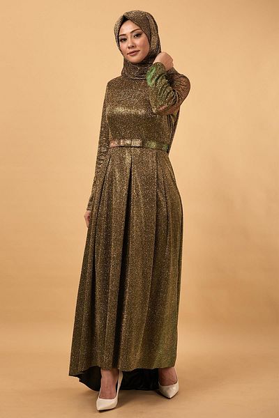 Modamihram Silvery Sparkling Evening Dress Khaki 12219