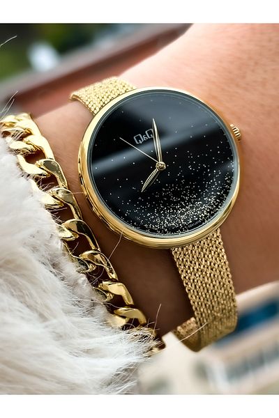 Q&Q Brand Steel Mesh Strap, Waterproof, Yellow Color Women's Wristwatch+bracelet