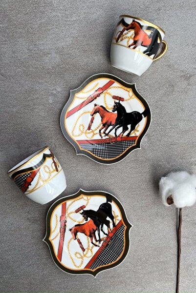 porselenden Kütahya Hippodrome Horse Patterned Coffee Cup Set for 2 People