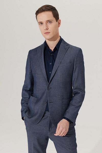 ALTINYILDIZ CLASSICS Men's Navy Blue Slim Fit Narrow Cut Mono Collar Dobby Suit