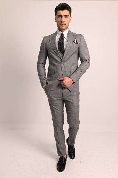 Fc Plus Erkek Siyah Armür Yelekli  Takım Elbise - Slım Fıt