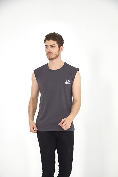 Sporting تي شيرت رجالي باللون الرمادي الداكن بدون أكمام ورقبة دائرية