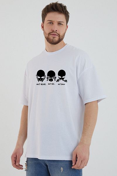 DEEPSENCE Ανδρικό λευκό μπλουζάκι Oversize No Hear Text Μπροστινή εκτύπωση