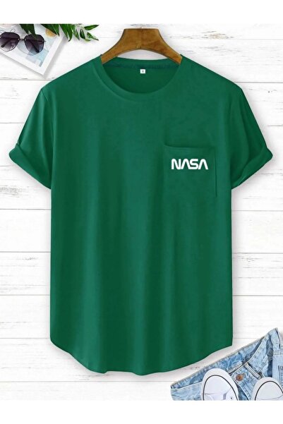 Keywest Büyük Beden Nasa Baskılı Cepli Eteği Oval Kesim Yeşil T-shirt