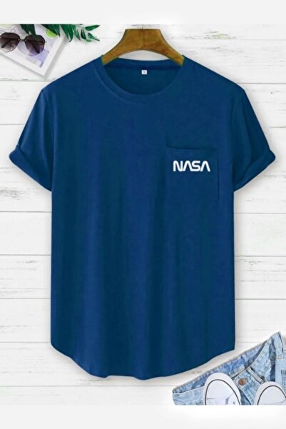 Keywest Fusta cu buzunare cu imprimeu NASA de mărime mare Tricou albastru cu tăietură ovală