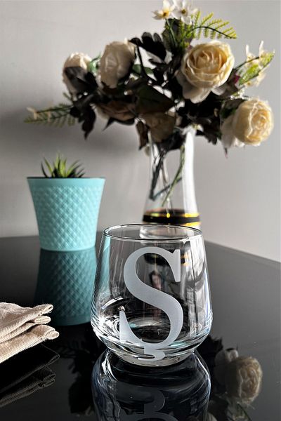 DECOSTYLE Laser Cut Non-Removable Glass Cup with Letter S - Suitable for Use as a Candle Holder-Pen Holder-Mini Vase 1 Piece