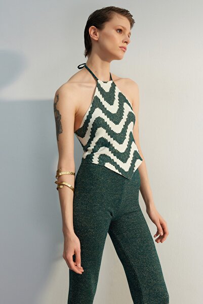 Trendyol Collection Limited Edition Green Crop Glitter Color Block Knitwear Top and Bottom Set TWOSS23AU00054