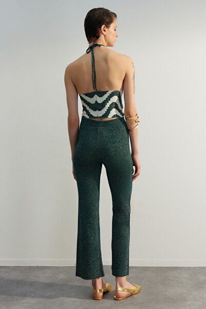 Trendyol Collection Limited Edition Green Crop Glitter Color Block Knitwear Top and Bottom Set TWOSS23AU00054