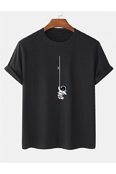 MOONBULL تي شيرت أسود كبير الحجم مطبوع عليه رائد فضاء للجنسين