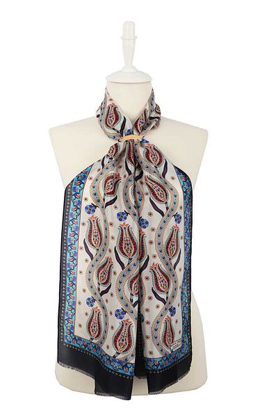 Bursa İpek Navy Blue Turquoise Row Tulip Voile Silk Scarf