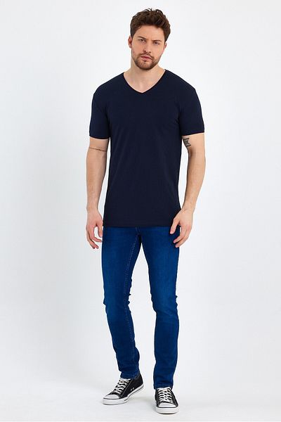 GENIUS STORE Ανδρικό μπλουζάκι με λαιμόκοψη V Basic σκούρο μπλε ναυτικό
