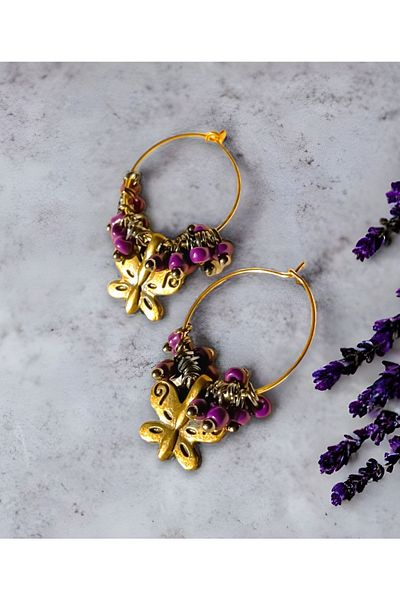 dela otantik Purple Beaded Butterfly Hoop Earrings - Ethnic Bohemian Bijouterie Jewelry Women Earrings
