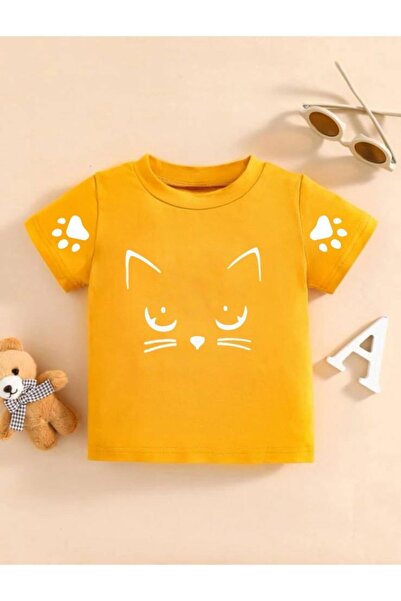 Machetta تي شيرت للأطفال للجنسين مطبوع عليه مواء قطة صفراء مقاس كبير