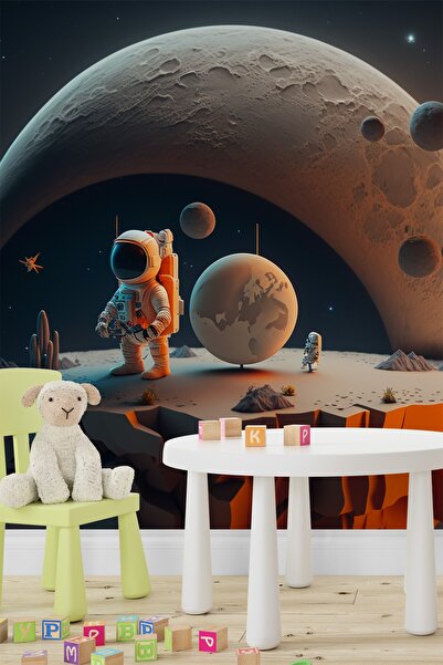 Dekoros Tek Parça 3d Uzaydaki Gezegen Taş Üstünde Astronot Poster Çocuk Odası...