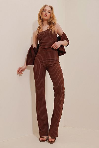 Trend Alaçatı Stili Women's Brown Striped Trousers ALC-X10112