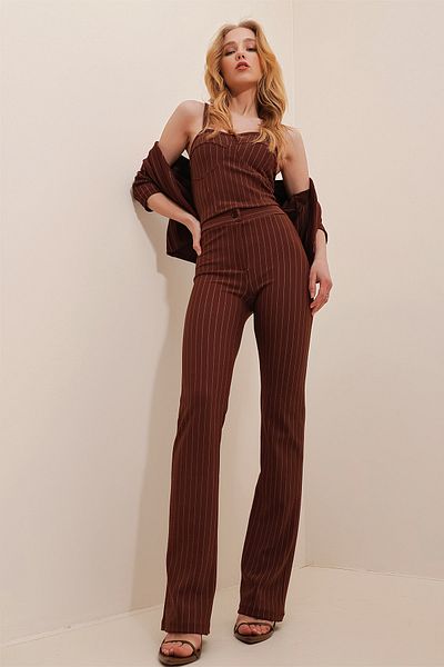 Trend Alaçatı Stili Women's Brown Striped Trousers ALC-X10112