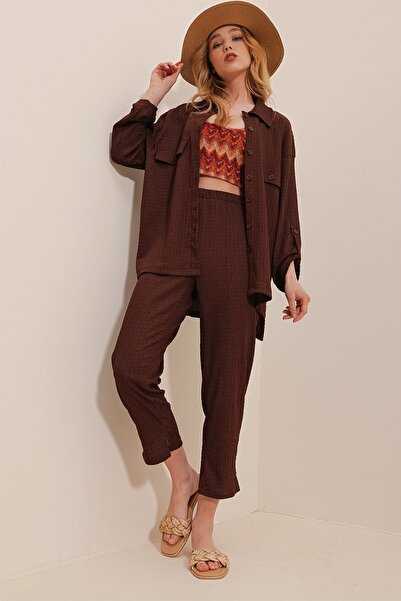 Trend Alaçatı Stili Damski zestaw z podwójną uszczelką z kołnierzykiem polo w kolorze kawowym ALC-X10103