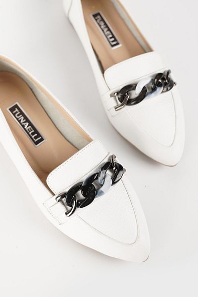 TUNAELLİ Women's White Genuine Natural Leather Ballerinas with Chain, Size 36-41