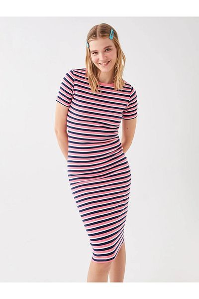 LC Waikiki Γυναικείο φόρεμα Lcw Casual Crew με ριγέ κοντομάνικο