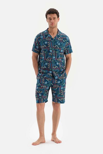 Dagi Marineblaues, gewebtes Pyjama-Set mit Hemdkragen und Meterware