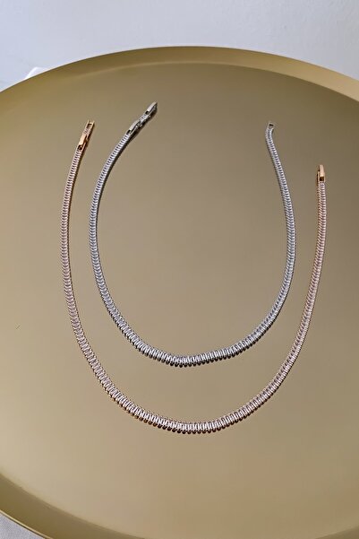 ŞekerAksesuar Gümüş Özel Seri Baget Taşlı Ince Su Yolu Kolye (38cm).