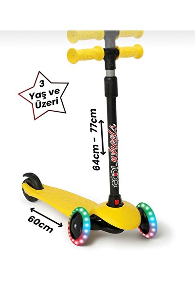 Furkan Toys Kaliteli Sarı Çocuk Scooter Star Led Işıklı 3 Tekerlekli Yükseklik Ayarlı Dragon Scooter