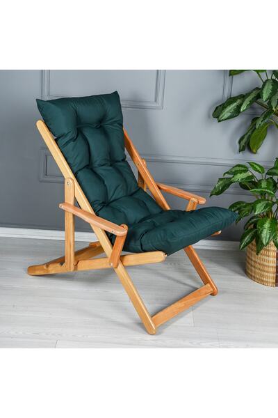Bysay Ahşap Bahçe Sandalyesi Puf Minderli Kollu Şezlong (HAKİ)