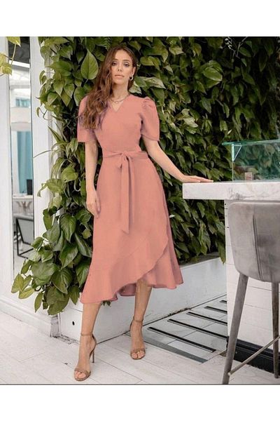 Trendusfashion Κοντομάνικο Πούδρα Χρώμα Midi Φόρεμα Νέας σεζόν Crepe Ύφασμα