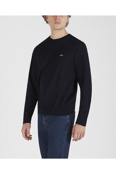 PAUL&SHARK Men's Blue Crew Neck Long Sleeve Wool Logo Sweater - C0P1094-050