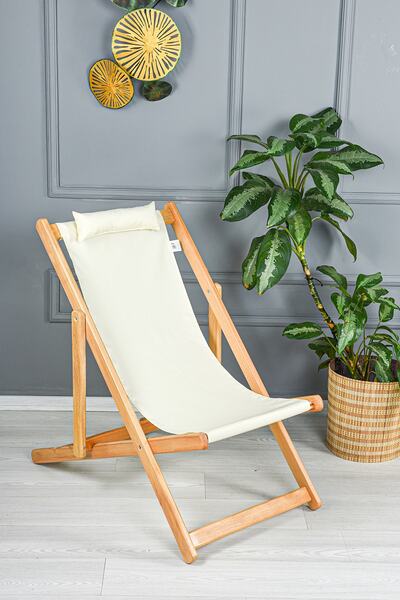 Bysay Ahşap Bahçe Sandalyesi Katlanır Taşınır Plaj Şezlongu Gürgen Vernikli (KREM)