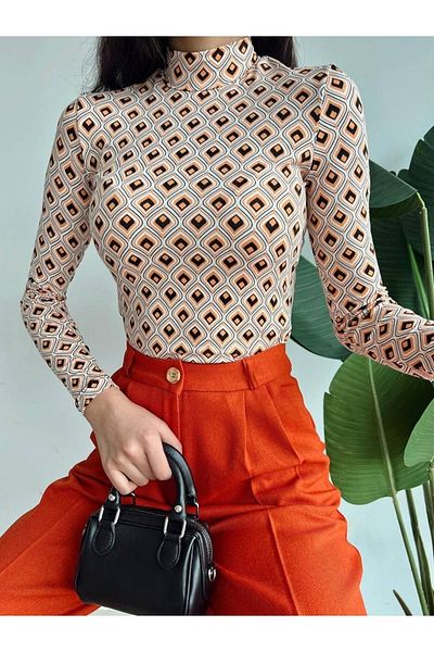 laughs Women's High Collar Patterned Slim Long Sleeve Blouse Blz6609