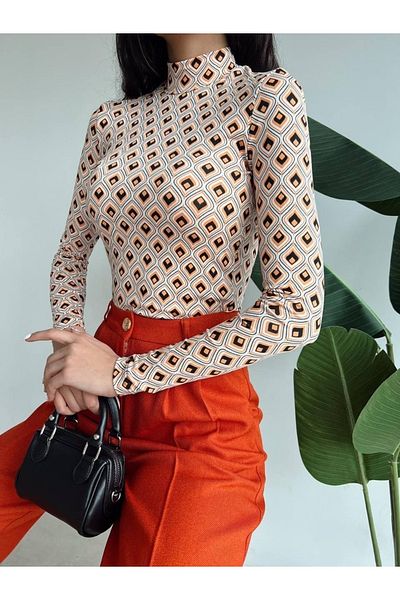 laughs Women's High Collar Patterned Slim Long Sleeve Blouse Blz6609