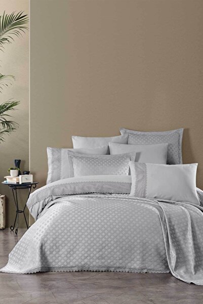 Elart Pamuk Nevresimli Dantelli Yatak Örtüsü Seti 9 Parça Rebecca Gümüş