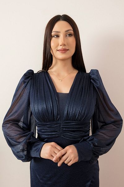 PULLIMM Rochie din tul cu sclipici cu mâneci lungi, cu decolteu, cu centură, 13416