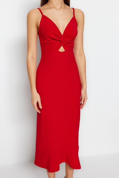 Trendyol Collection Red Crepe Fitted Strap Cut Out Detailed Flounce Sweetheart Neckline Mini Knitted Dress TWOSS23EL02097